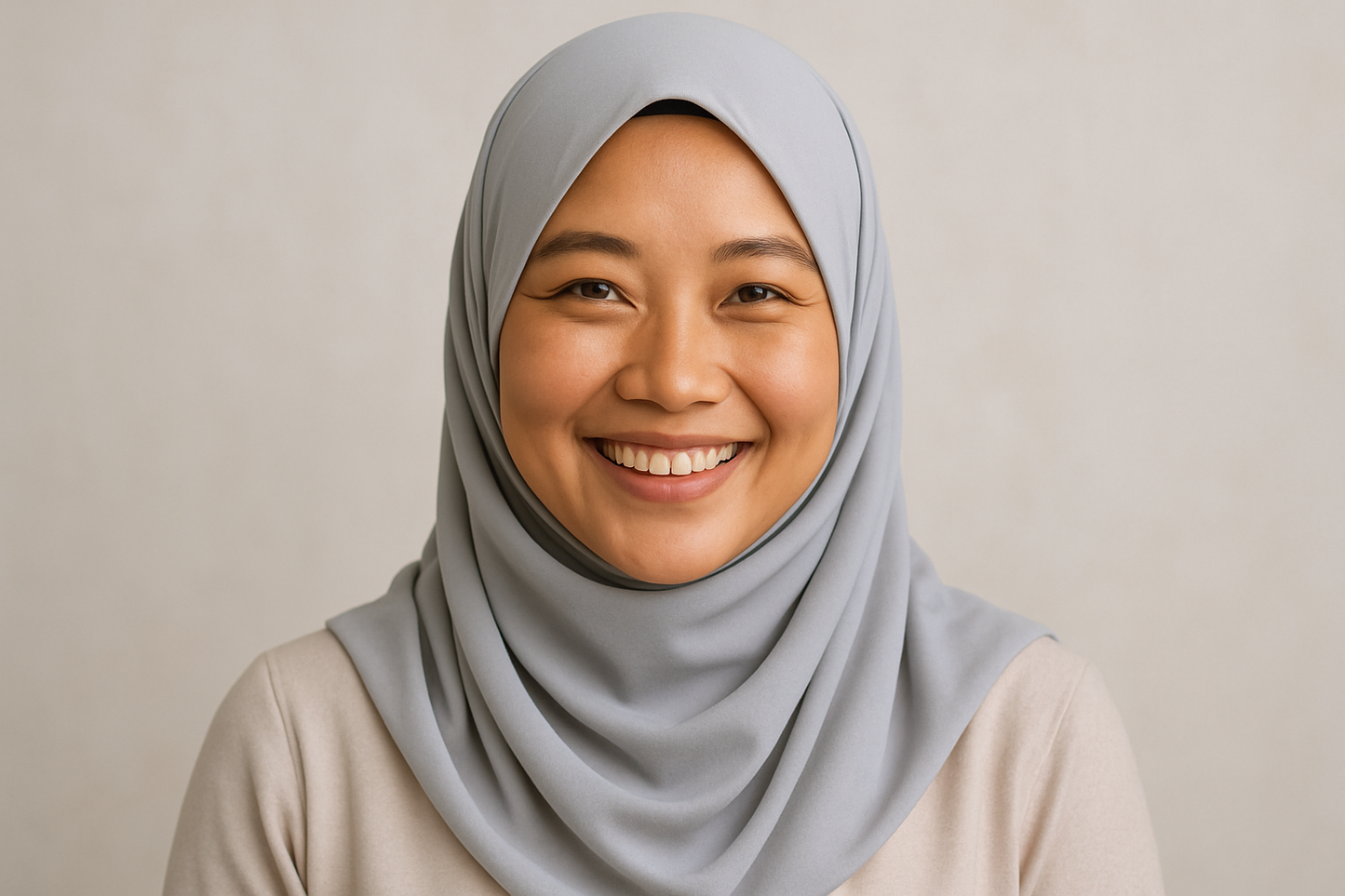 Asian model smiling in light grey hijab