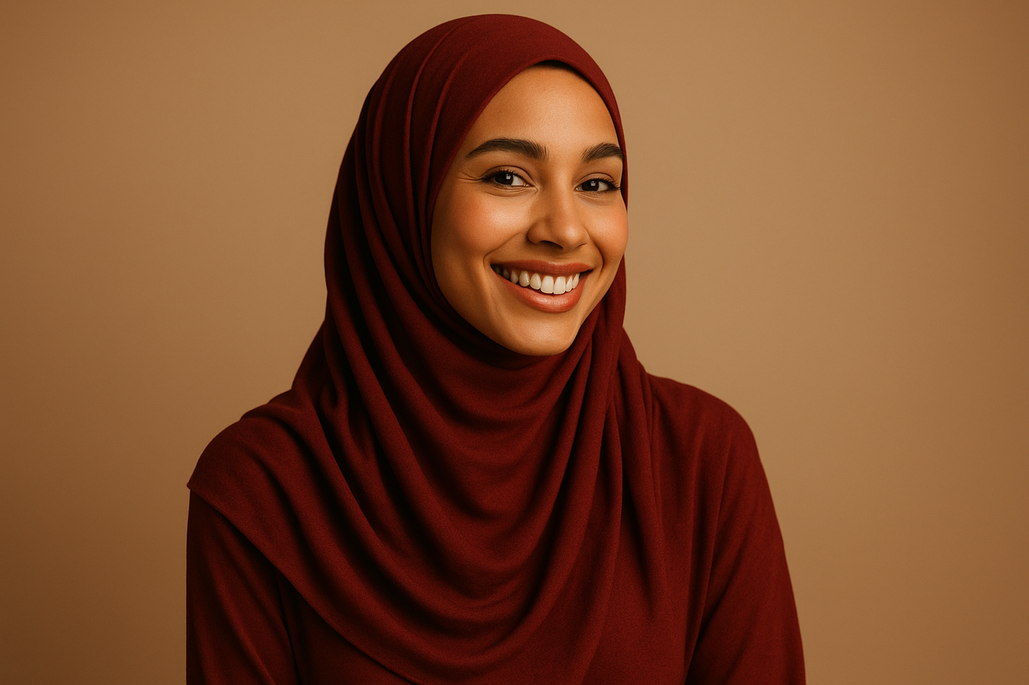 smiling model in dark red modal hijab