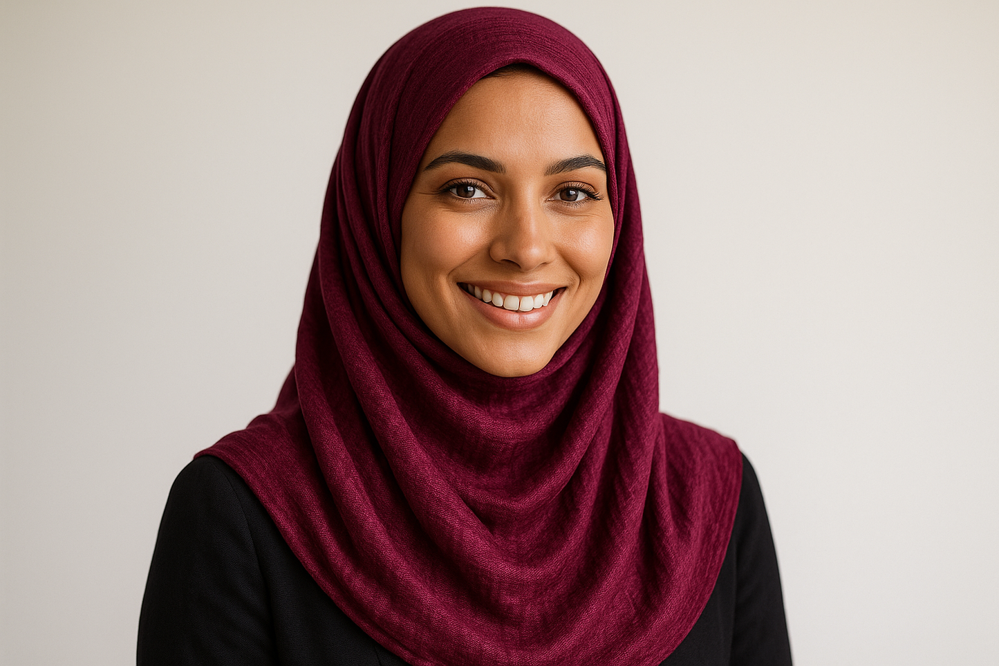 smiling model in deep magenta modal hijab
