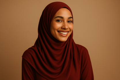smiling model in dark red modal hijab